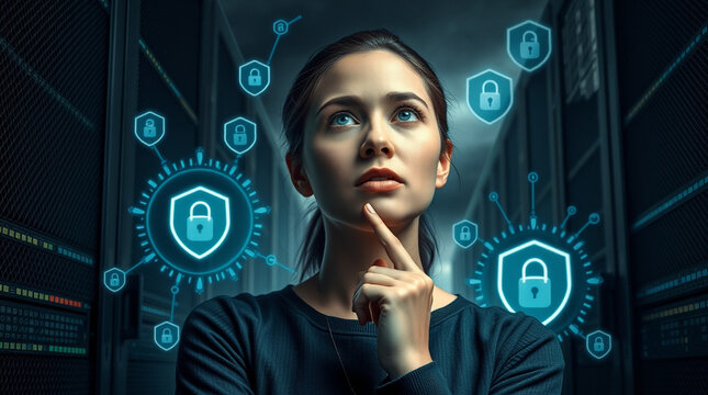 Woman contemplates cybersecurity; digital shields and locks surround her in a server room, symbolizing data protection and network security.