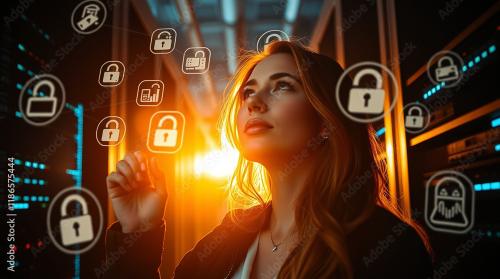Poster woman interacts with digital security interface, surrounded by data servers and lock icons, symboliz