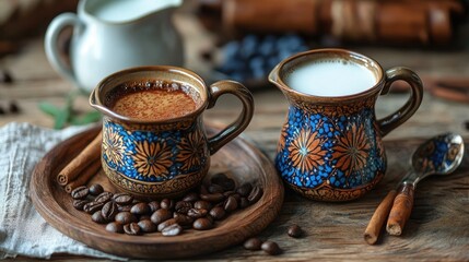 Traditional Turkish coffee in ornate pot with milk pitcher and coffee beans on wooden tray, surrounded by spices and rustic decor.