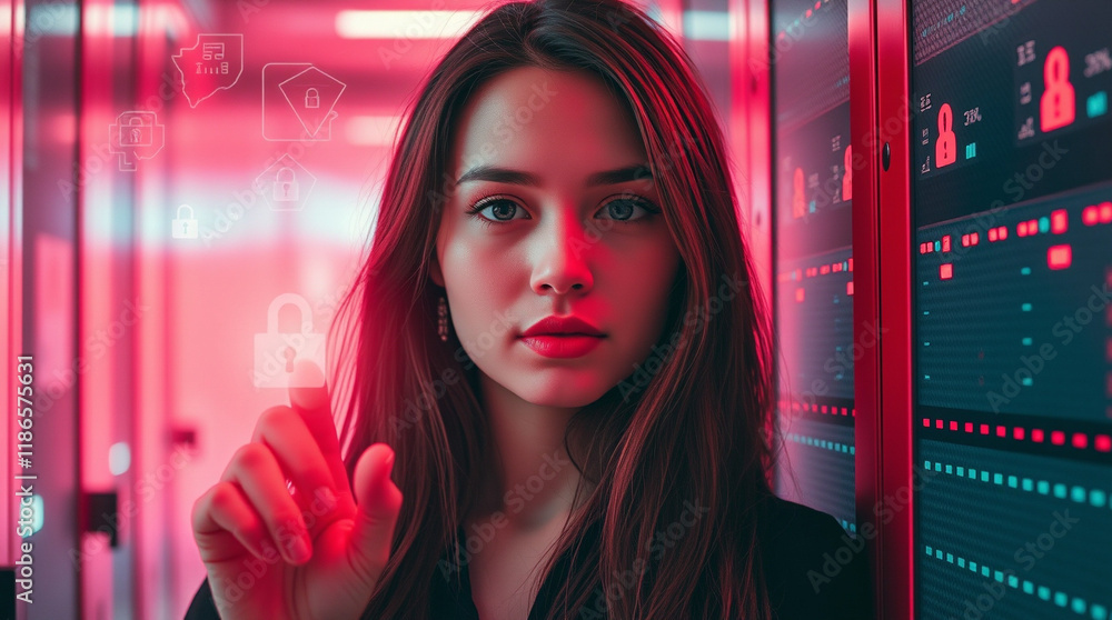 Poster woman interacts with digital security interface in a server room. cybersecurity, data protection, an