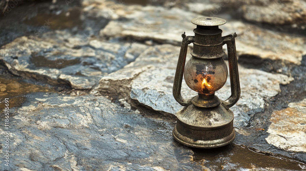 Poster vintage kerosene lamp illuminating stone floor in rustic setting with warm glow and weathered textures showcasing nostalgia and charm