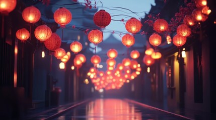 Red Lanterns Illuminate A Festive Asian Street Scene