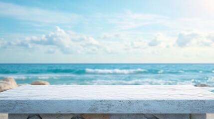 White stone table with blurred beach sea background ideal for summer product display and advertising opportunities