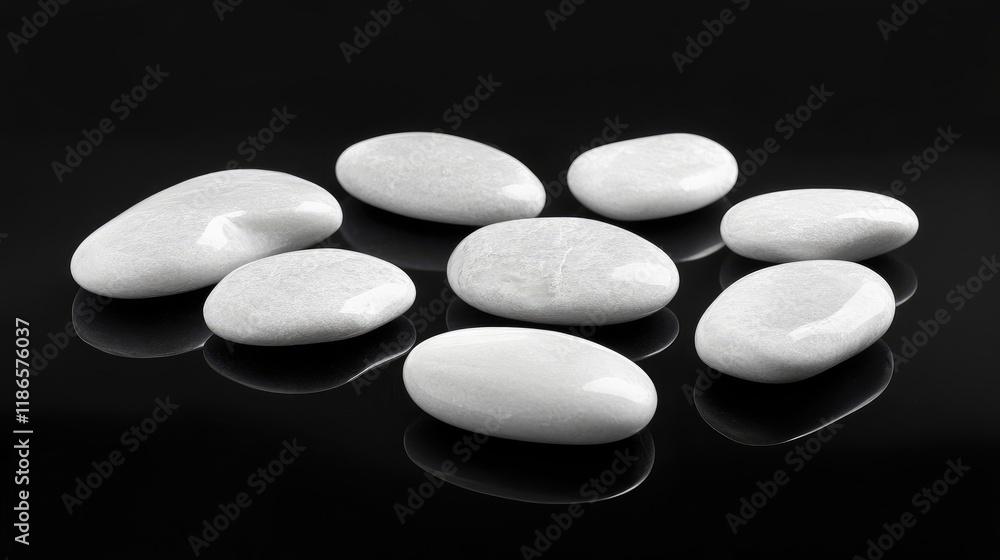 Poster white smooth stones scattered on a sleek black surface showcasing contrasting textures and reflectio