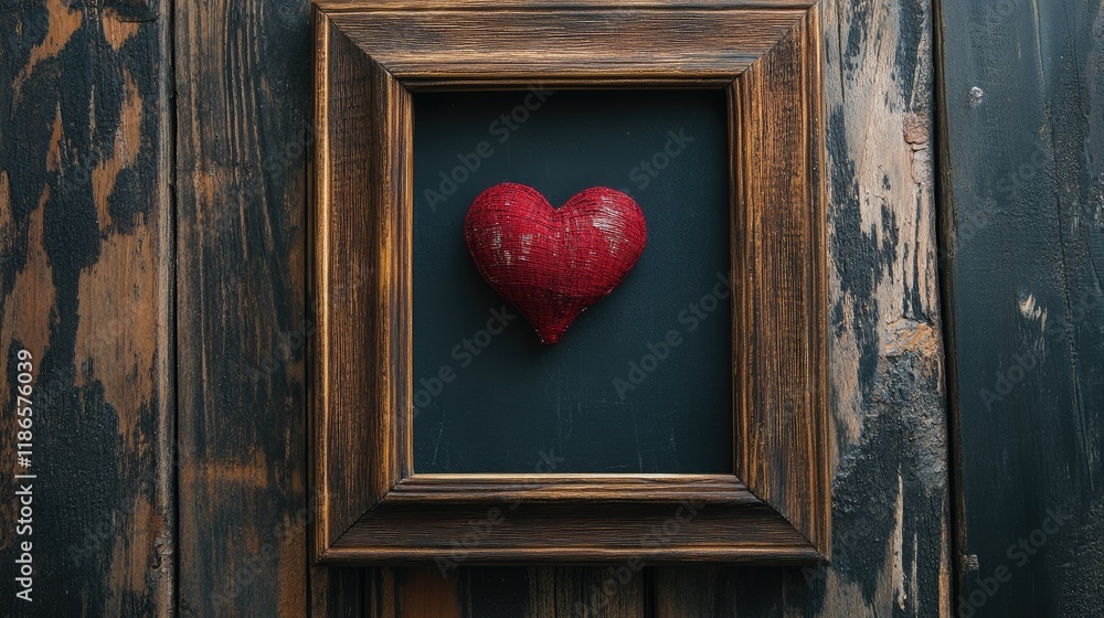 Aufkleber vintage wooden frame with a textured red heart displayed on distressed wood background. perfect for 