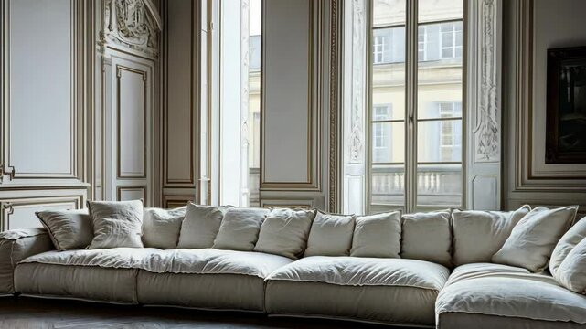 Modern sectional sofa in a stylish interior with large windows and elegant architectural details