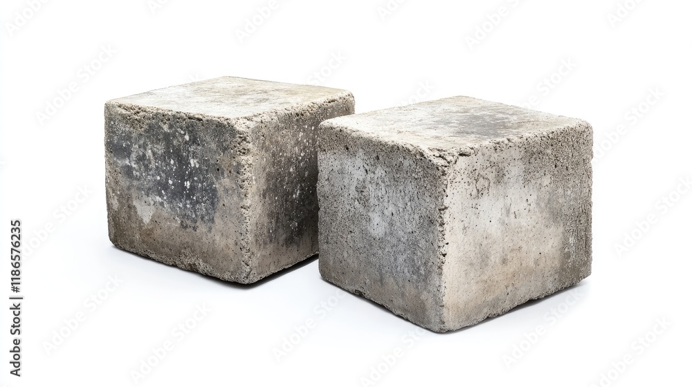 Poster two textured aged concrete blocks isolated on a white background showcasing their weathered surfaces