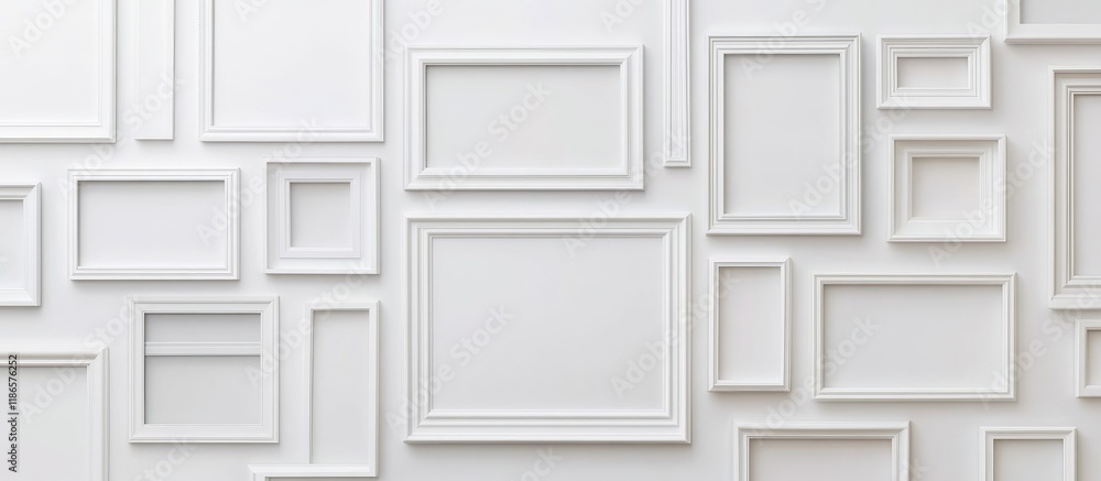 Poster collection of elegant white wooden frames arranged on a minimalist background ideal for displaying a