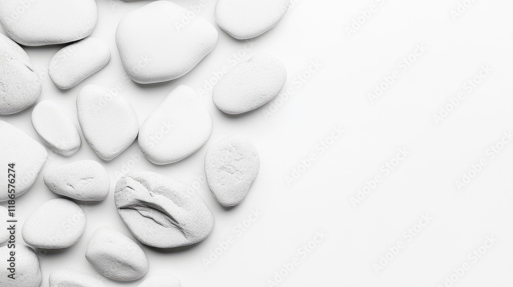 Poster White smooth stones arranged in a flat lay composition on a clean white background for minimalistic design or wellness themes