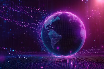 Obraz premium Stunning Abstract Digital Globe in Vibrant Pink and Blue Colors with Dots and Particles, Representing Data and Connectivity in a Futuristic Environment