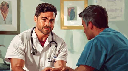 Man medical check up. Heart health, nurse and patient. People in hospital or doctor office illustration