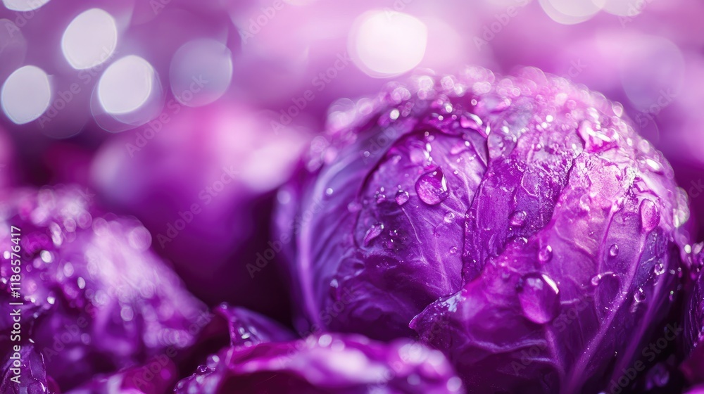 Aufkleber Purple bokeh background featuring fresh vibrant cabbage with water droplets creating an abstract textured visual effect.