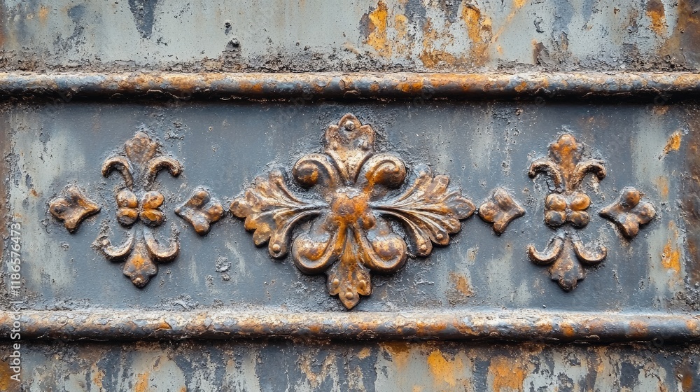 Poster Decorative vintage metal surface texture featuring intricate elements and rust patterns for heritage and design backgrounds