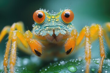 A close-up shot of a spider with water droplets on its eyes, great for scientific or educational purposes