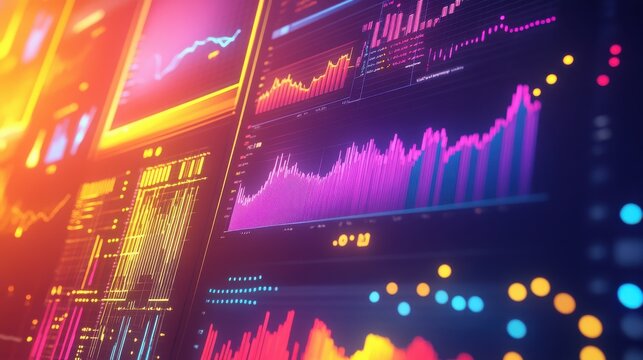 A colorful presentation board displaying various charts and graphs illustrating data trends and comparisons. illustration