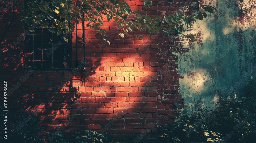 Aufkleber Red brick wall background with organic shadows and greenery creating a rustic ambiance suitable for photography and design projects.