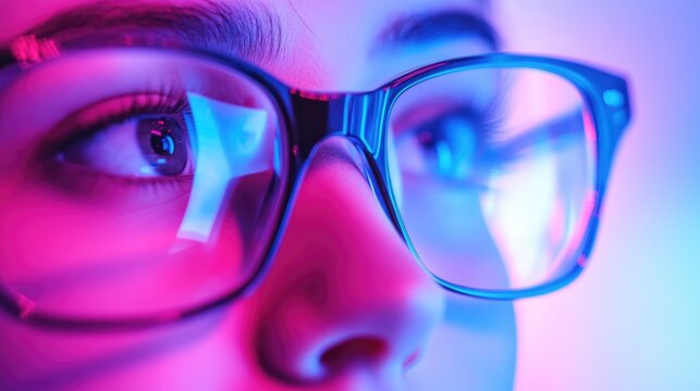 Eye strain and visual fatigue from prolonged screen time with eyeglasses focused on digital health and eye care in colorful lighting