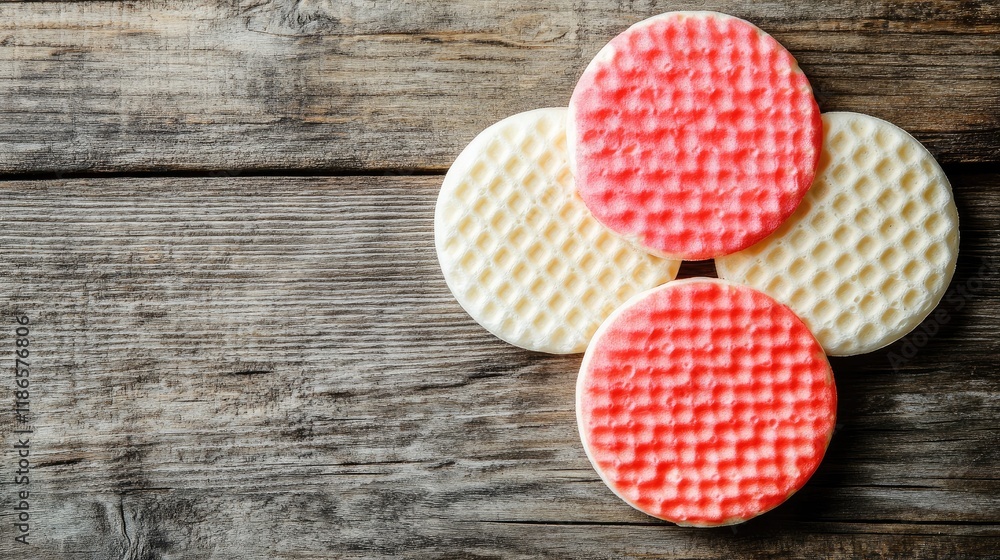 Poster colorful round waffle circles with japanese flag pattern on wooden table displaying national dessert