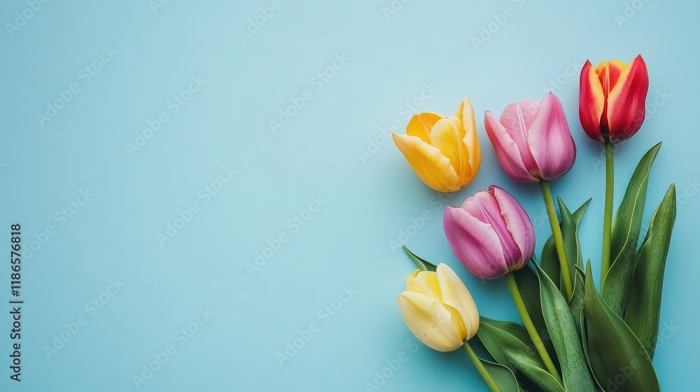 Poster colorful tulip bouquet on a blue background with ample space for text and designs ideal for spring p