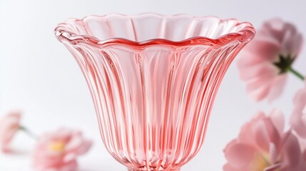 Vintage pink depression glass fluted bud vase with soft floral backdrop on white surface showcasing elegant design and delicate color.