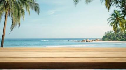 Tropical beach scene with empty wooden table and palm trees suitable for summer product display and promotional text placement