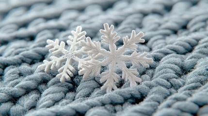 Delicate Snowflakes on Soft Blue Knitted Fabric with Cozy Winter Atmosphere