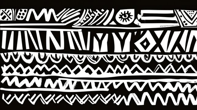 Abstract black and white tribal pattern with geometric shapes and symbols.