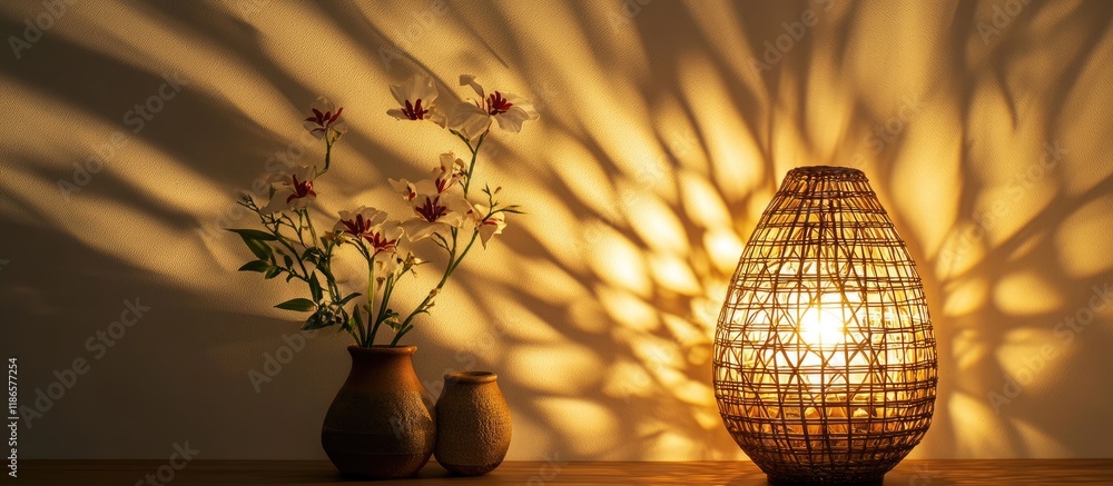 Poster wicker lamp creating artistic shadows on a wall complemented by flowers enhancing warm and detailed 