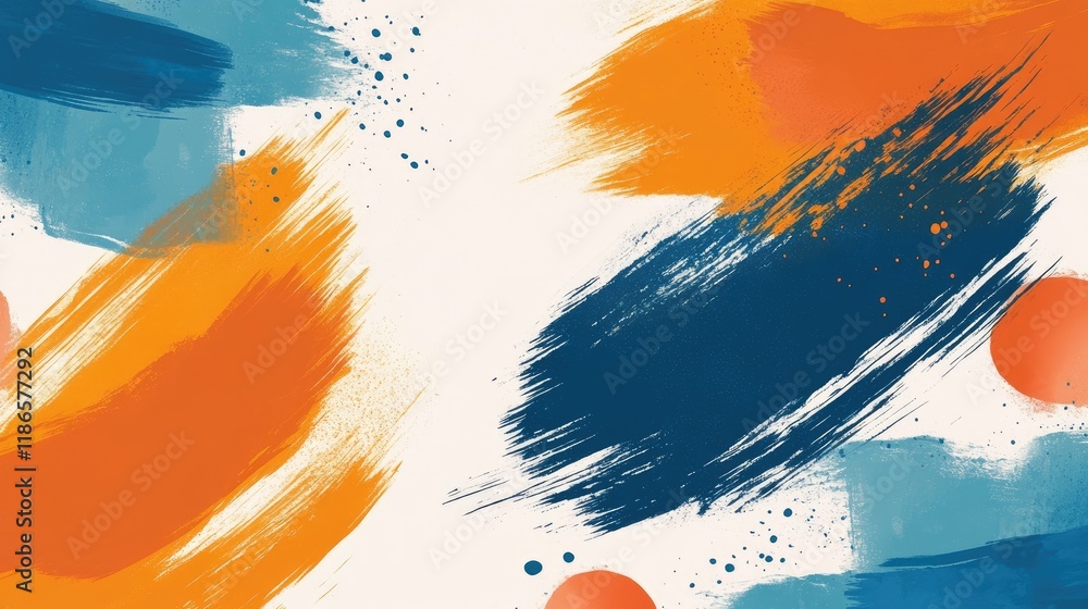 Poster colorful abstract brushstroke background featuring dynamic blue and orange hues with splashes and ci
