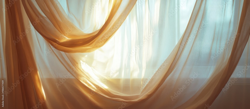 Poster tranquil window draped with flowing curtains glowing in soft evening light creating an abstract and 