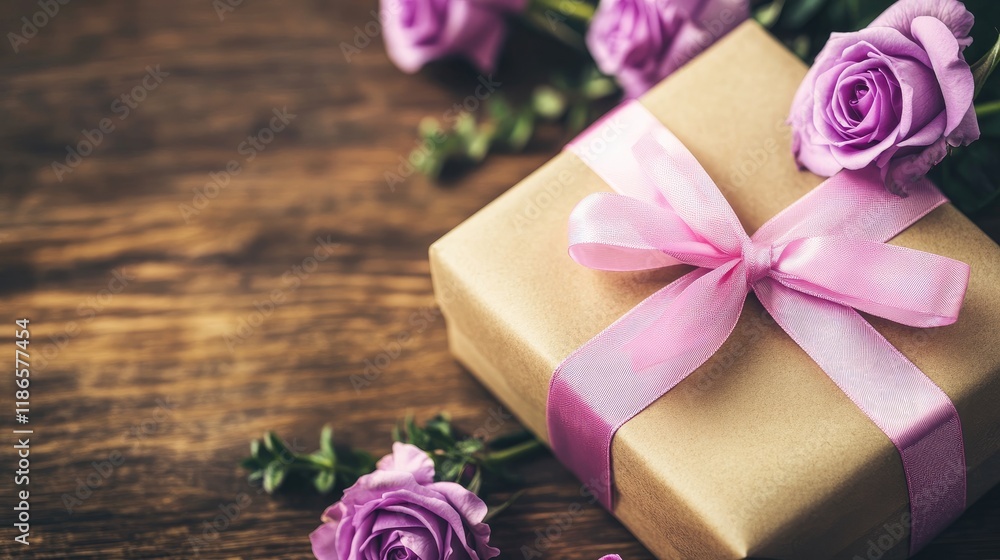 Poster violet roses arranged with a gift box adorned with a pink ribbon on a rustic wooden surface creating