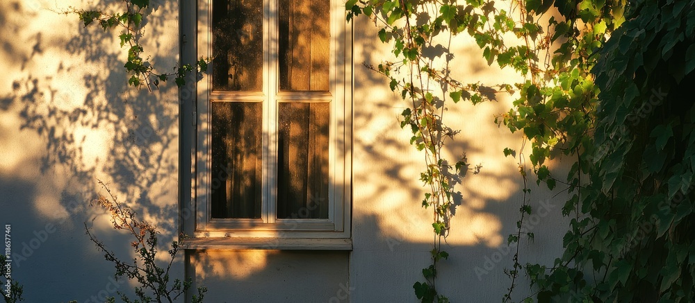 Poster window trellis with climbing vines creating enchanting dusk shadows on a wall highlighting architect