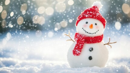 Snowy Day Delight: A cheerful snowman, adorned in a red hat and scarf, stands proudly in a winter wonderland, snowflakes gently falling around it.  The scene is filled with warmth and festive cheer. 