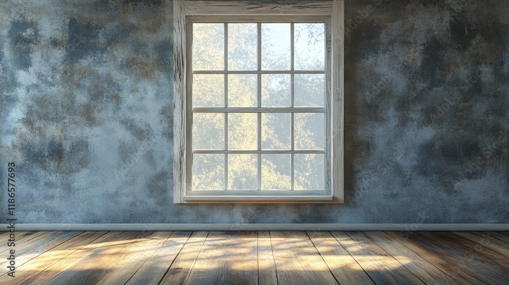 Aufkleber rustic interior with a large window illuminating a wooden floor against a textured wall creating a s