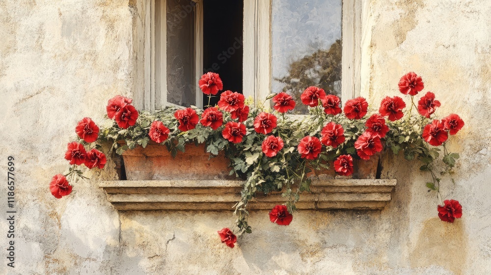 Poster charming window adorned with vibrant red carnations and petunias in a rustic setting showcasing flor