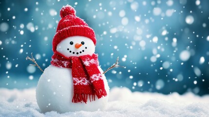 Snowy Day Delight: A cheerful snowman, adorned in a red knit hat and scarf, stands amidst a flurry of snowflakes, evoking the warmth and joy of a winter wonderland. 