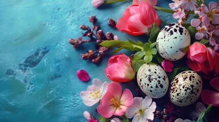 Colorful spring floral arrangement with quail eggs and fresh blossoms on a blue textured background for seasonal decor or culinary themes.