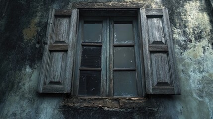 Vintage wooden shuttered window on an aged building showcasing rustic architecture and weathered textures in a historical setting