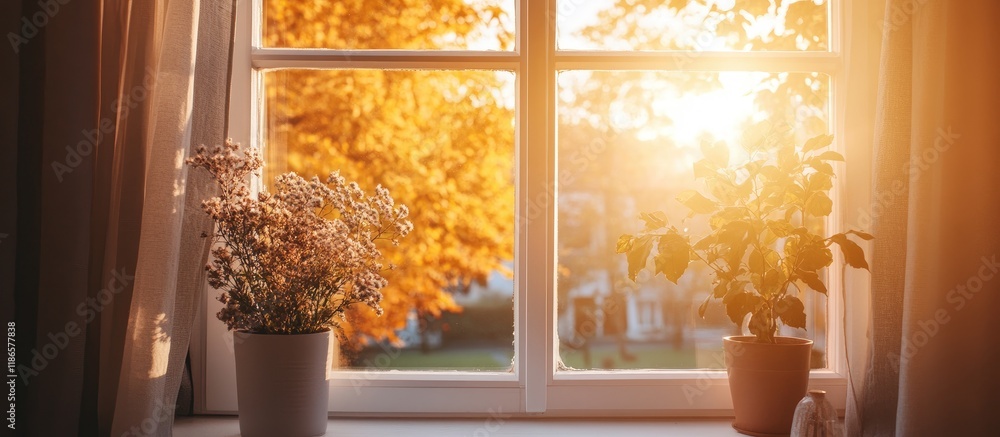 Poster Sunlit window with plants in a cozy family home creating a warm and inviting atmosphere filled with safety and comfort.