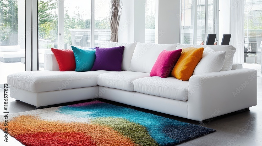 Aufkleber stylish white sofa adorned with colorful pillows and a plush multicolored rug in a modern living roo