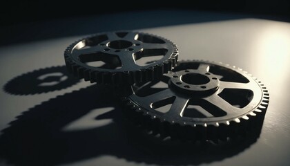 Polished gear in cinematic lighting, light reflecting subtle shadow effects