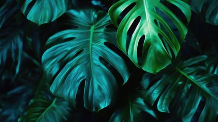 Lush turquoise green monstera leaves creating a tropical and serene ambiance in nature's vibrant foliage