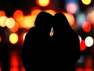 Silhouetted couple embracing at night with colorful bokeh lights.