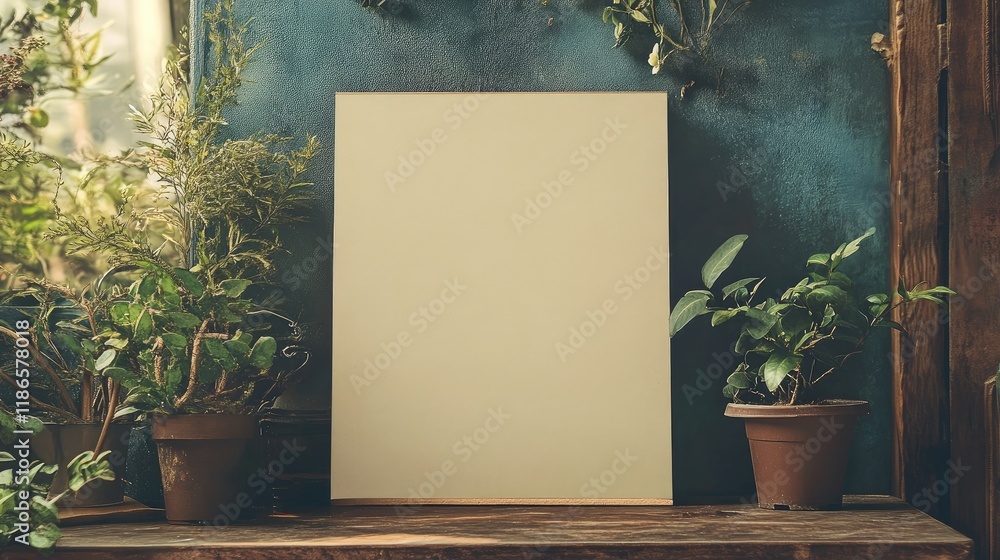 Aufkleber vintage blank picture frame on a rustic table surrounded by lush green plants creating a serene and 