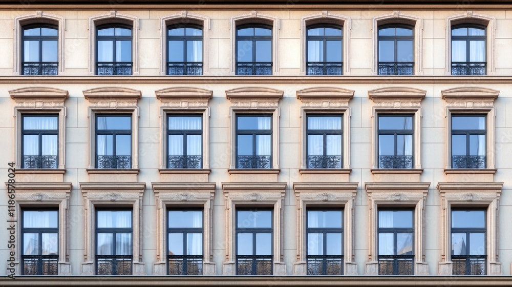 Poster facades of a modern apartment building showcasing symmetrical windows and elegant architectural desi