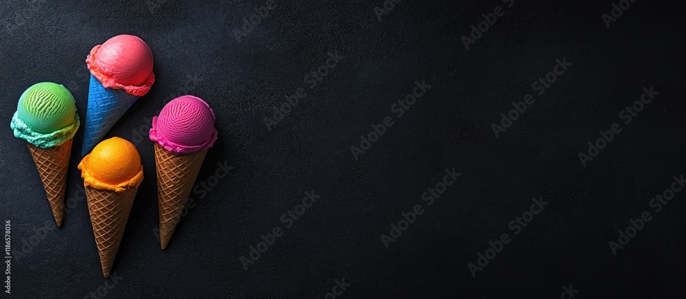 Poster colorful ice cream scoops in cones on dark background with space for text and branding options