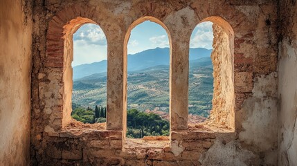 Ruins showcasing arched windows with a scenic view of mountains and countryside landscape in an abandoned building.