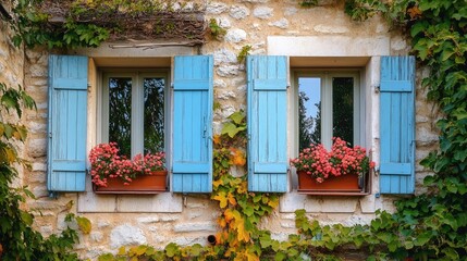 Charming rustic windows with blue shutters adorned by blooming flower pots and climbing vines on an old stone building faÃ§ade