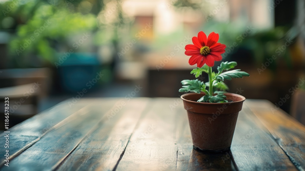 Poster vintage red flower in terracotta pot on rustic wooden table with soft blurred background greenery