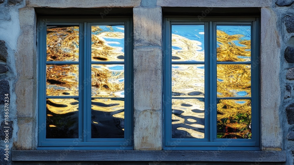 Aufkleber reflections in window panes capturing vibrant nature and architectural details in a serene setting